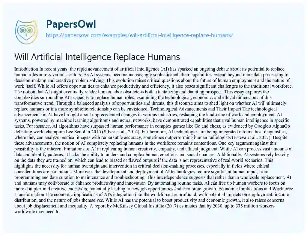 Essay on Will Artificial Intelligence Replace Humans