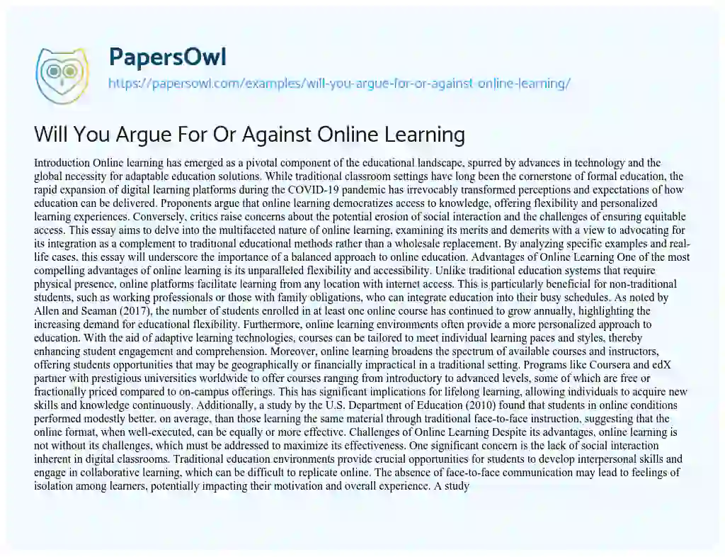 Essay on Will You Argue For Or Against Online Learning