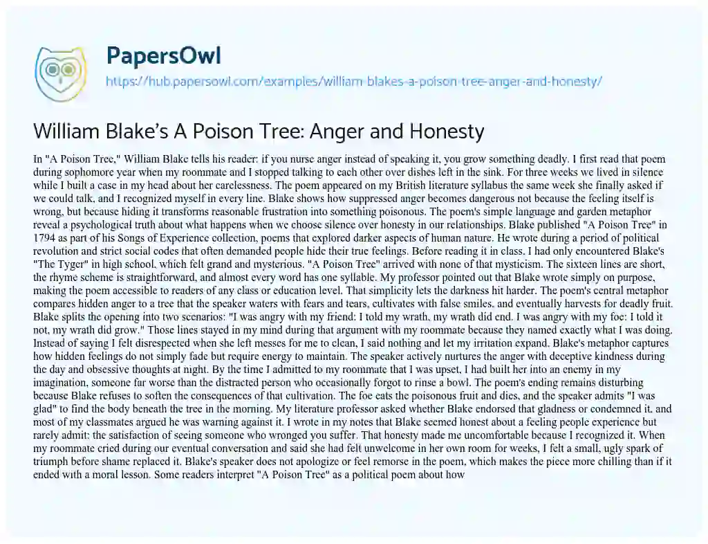 Essay on William Blake’s A Poison Tree: Anger and Honesty