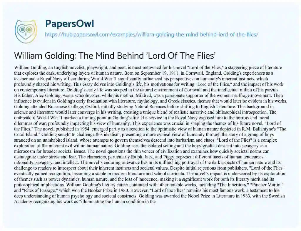 Essay on William Golding: The Mind Behind ‘Lord Of The Flies’