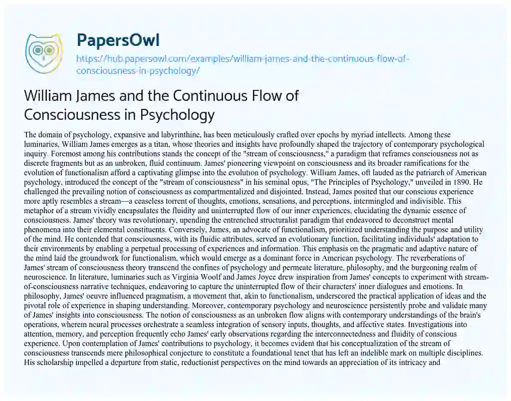 Essay on William James and the Continuous Flow of Consciousness in Psychology