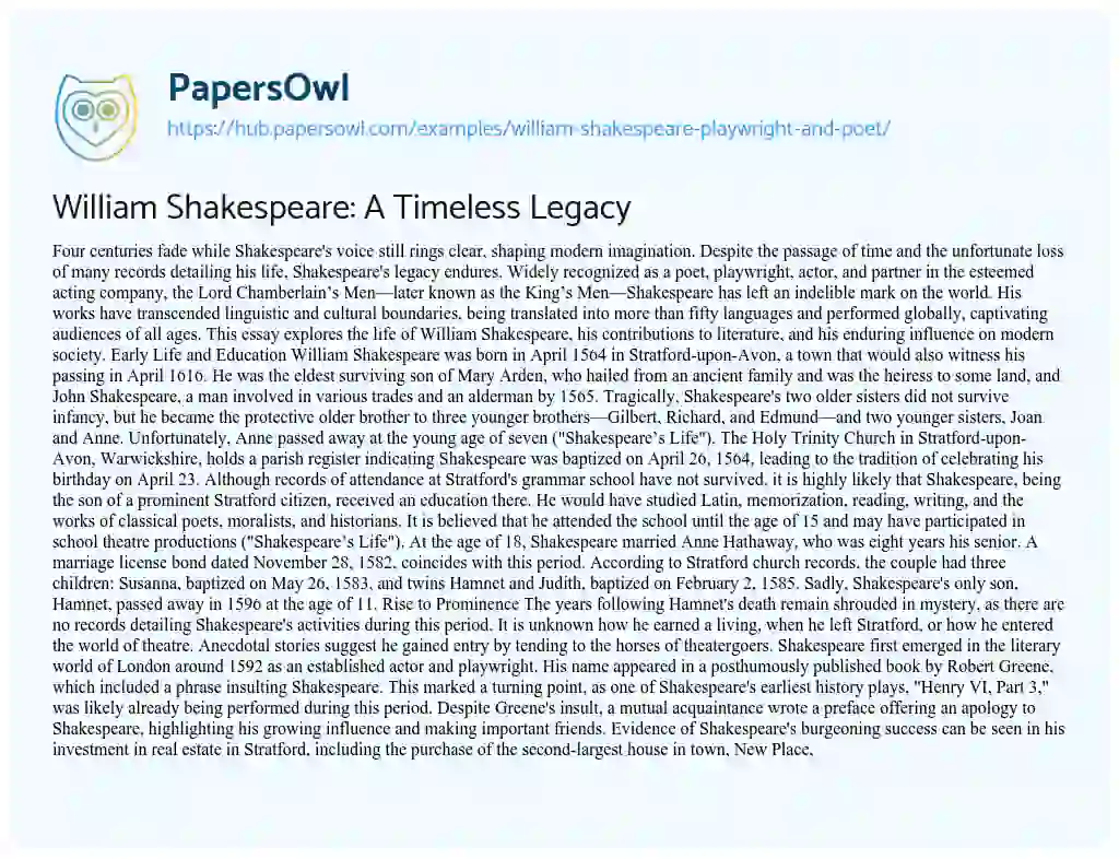 Essay on William Shakespeare: A Timeless Legacy