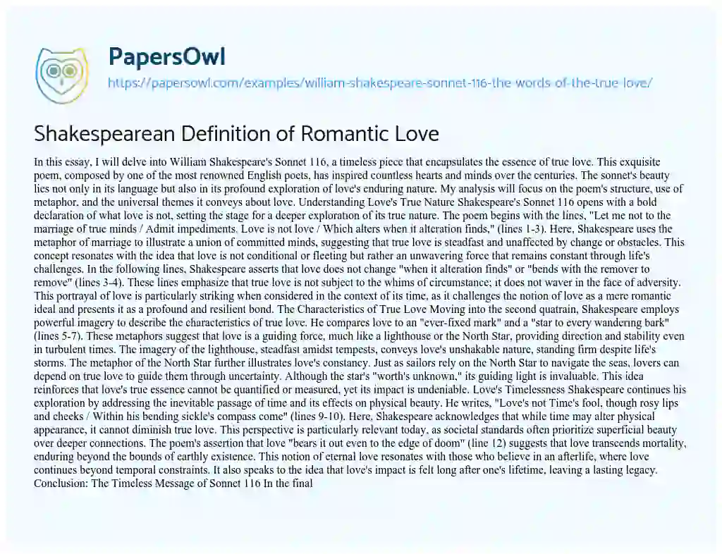 Essay on Shakespearean Definition of Romantic Love