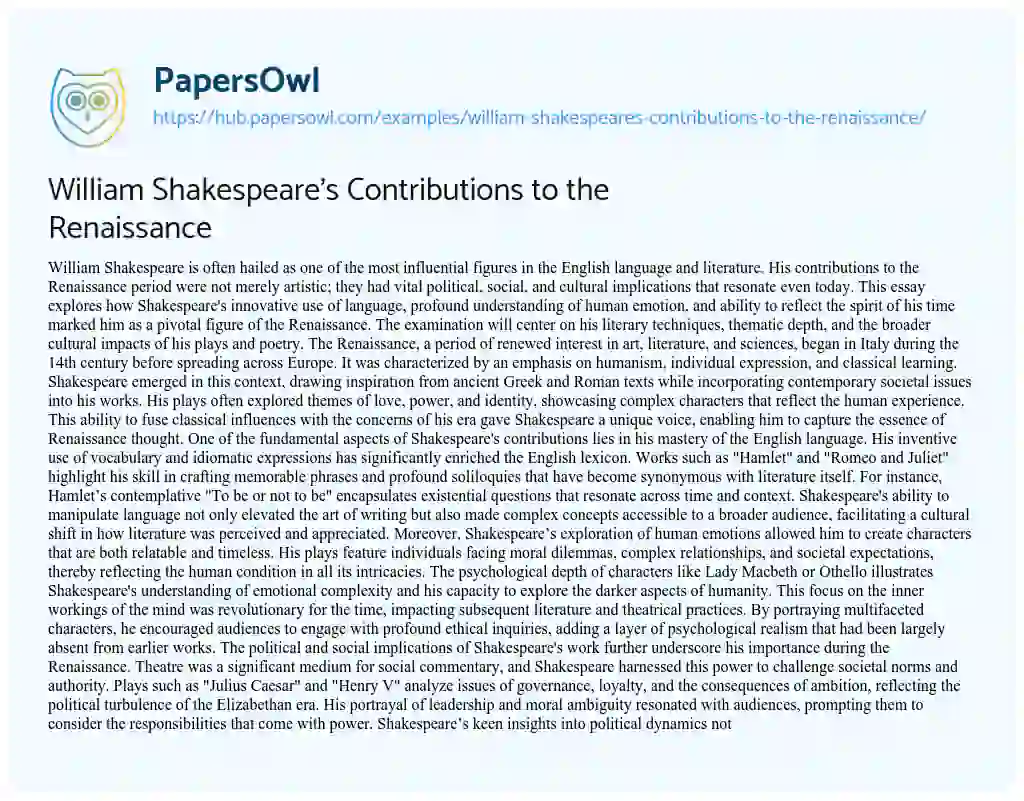Essay on William Shakespeare’s Contributions to the Renaissance