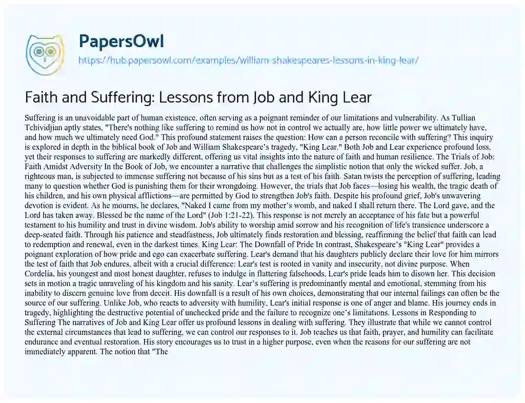 Essay on Faith and Suffering: Lessons from Job and King Lear