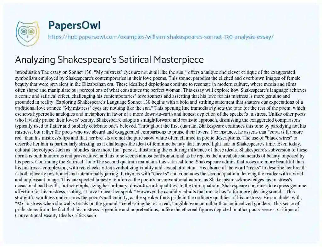Essay on Analyzing Shakespeare’s Satirical Masterpiece