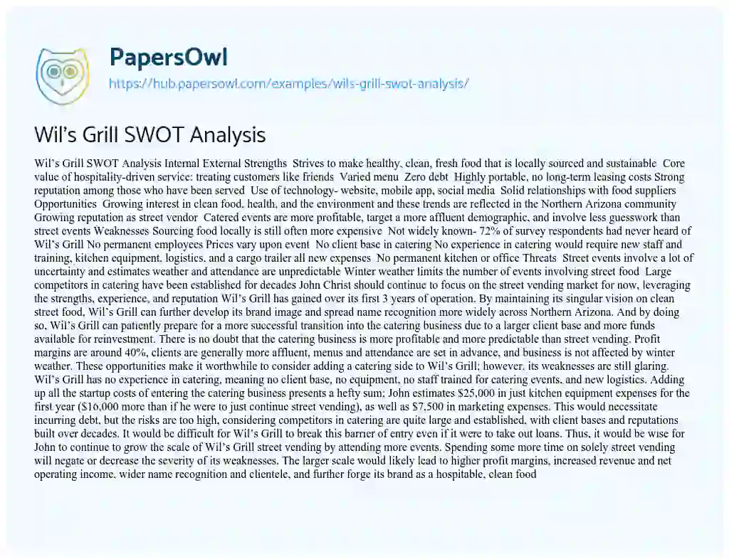Essay on Wil’s Grill SWOT Analysis
