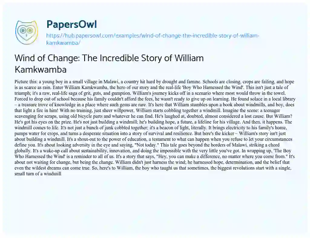 Essay on Wind of Change: The Incredible Story of William Kamkwamba