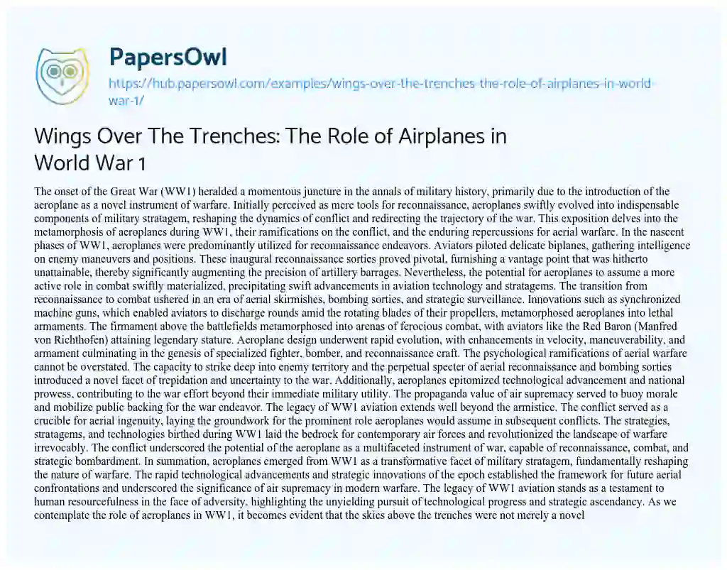 Essay on Wings Over The Trenches: The Role of Airplanes in World War 1
