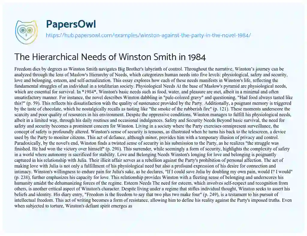 Essay on The Hierarchical Needs of Winston Smith in 1984