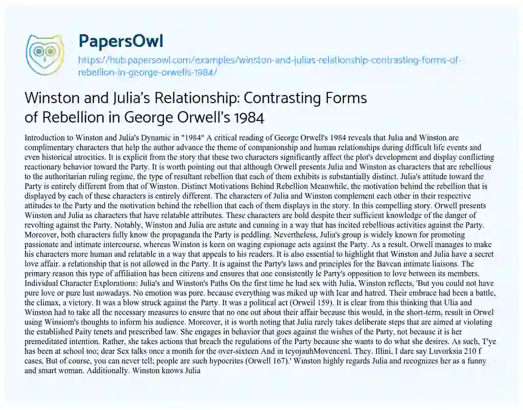 Essay on Winston and Julia’s Relationship: Contrasting Forms of Rebellion in George Orwell’s 1984