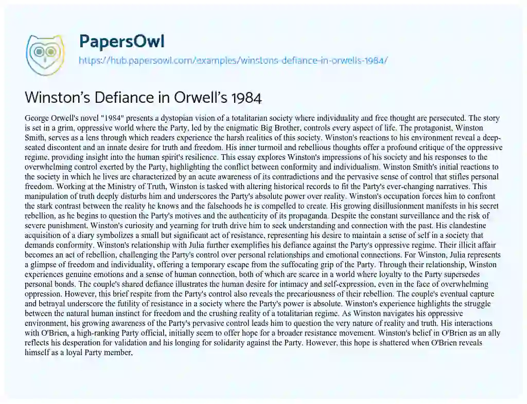 Essay on Winston’s Defiance in Orwell’s 1984