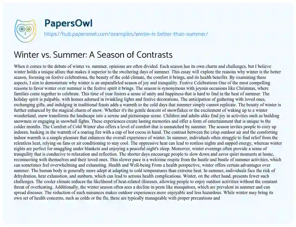 Essay on Winter vs. Summer: A Season of Contrasts