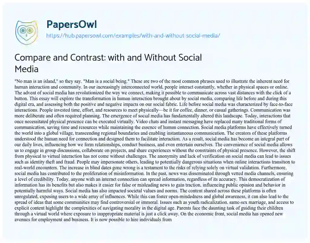 Essay on Compare and Contrast: with and Without Social Media