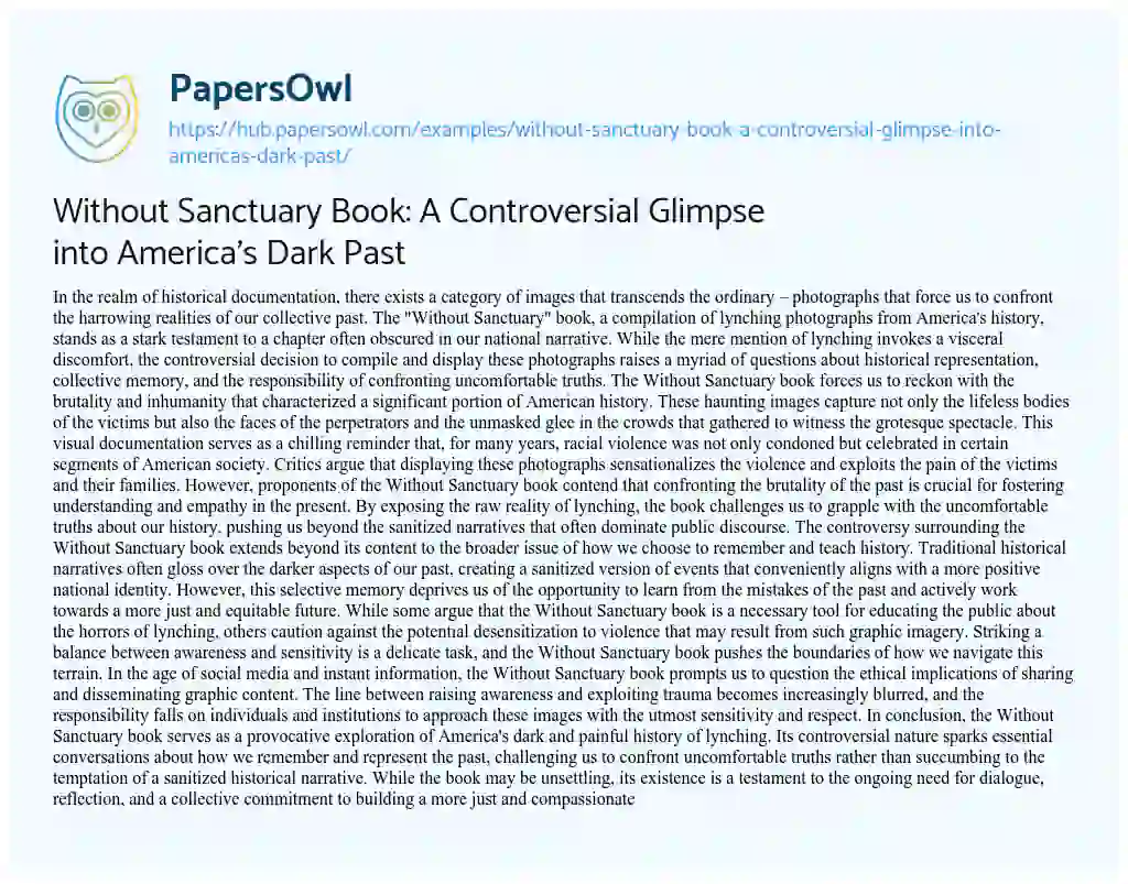 Essay on Without Sanctuary Book: A Controversial Glimpse into America’s Dark Past