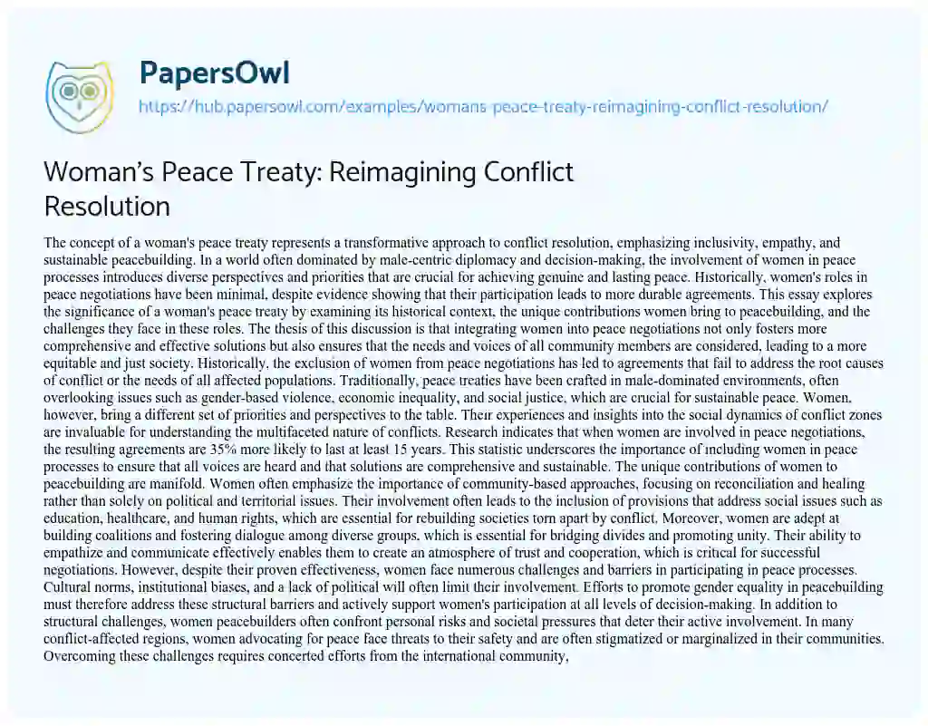 Essay on Woman’s Peace Treaty: Reimagining Conflict Resolution