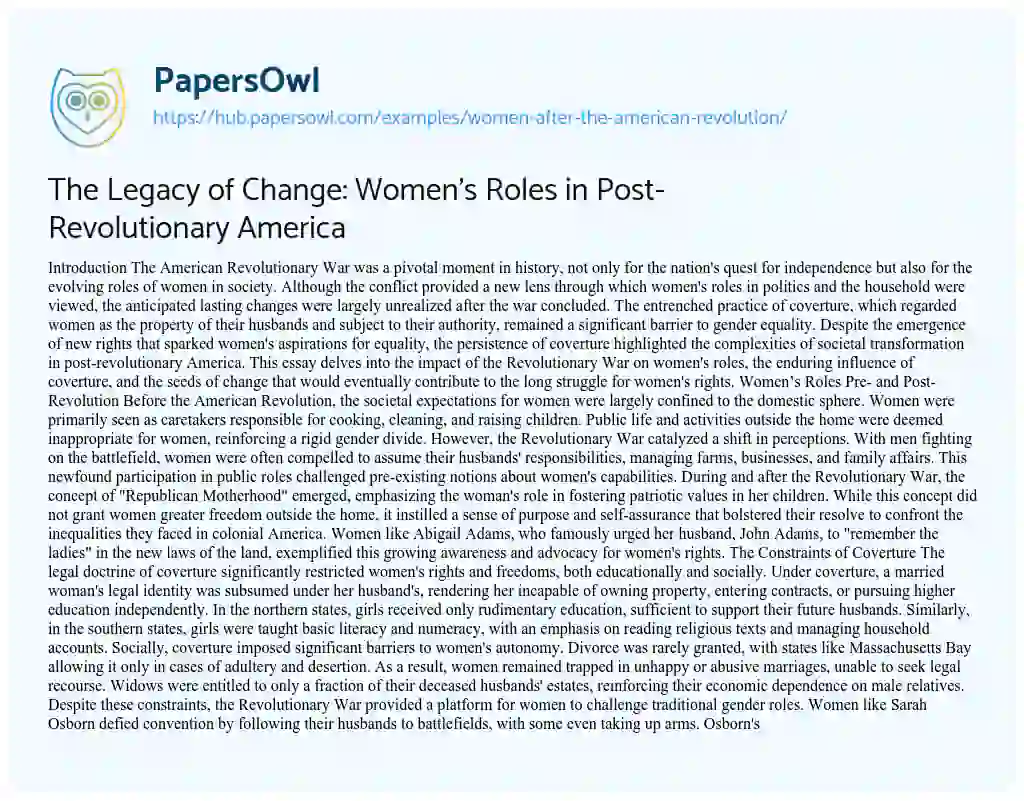 Essay on The Legacy of Change: Women’s Roles in Post-Revolutionary America