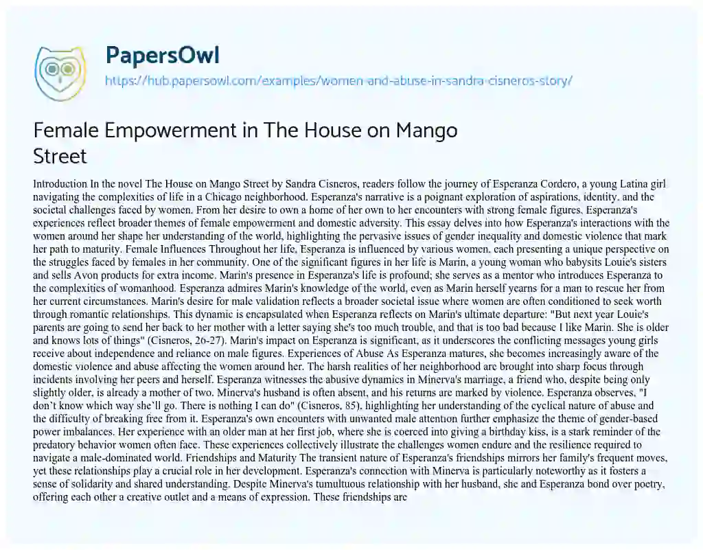 Essay on Female Empowerment in The House on Mango Street