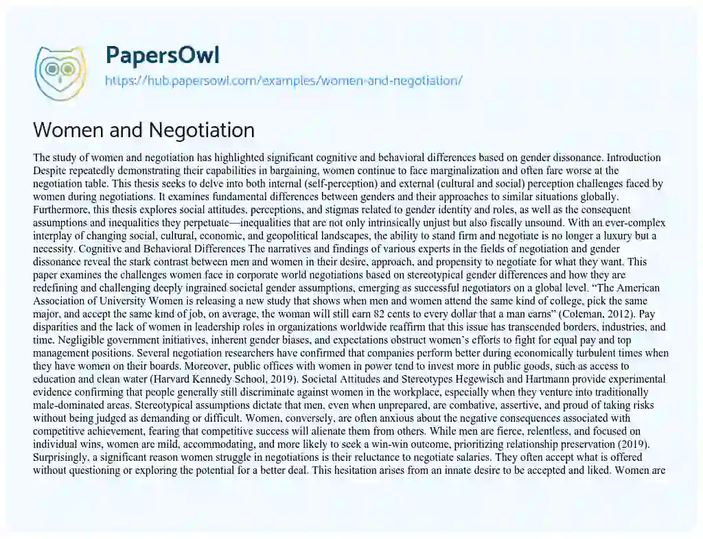 Essay on Women and Negotiation