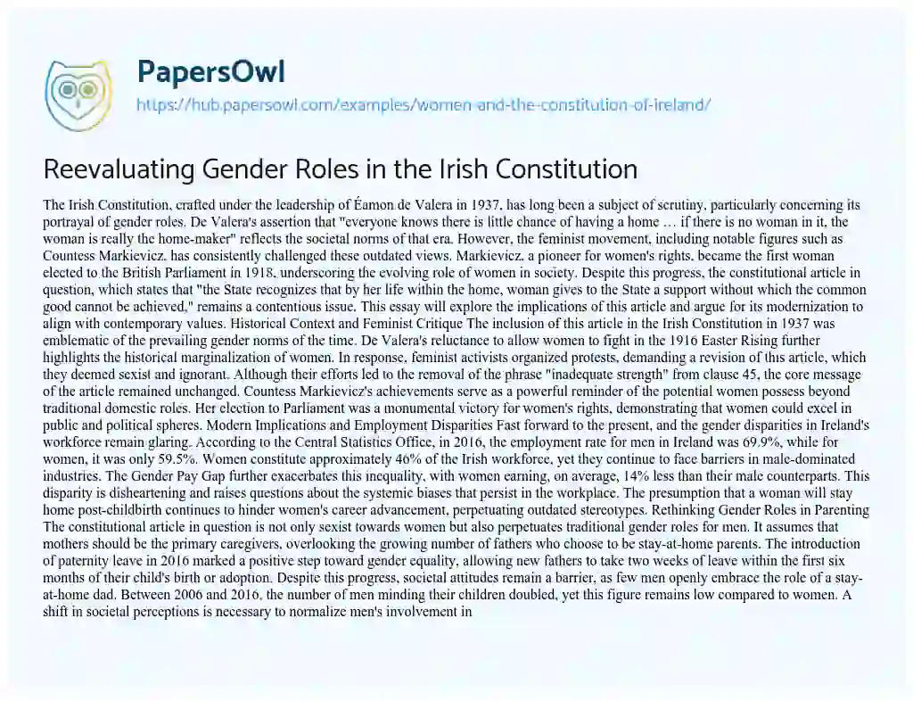 Essay on Reevaluating Gender Roles in the Irish Constitution