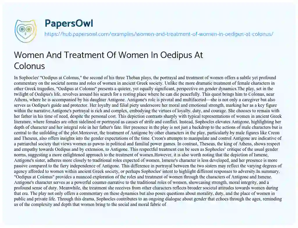Essay on Women And Treatment Of Women In Oedipus At Colonus
