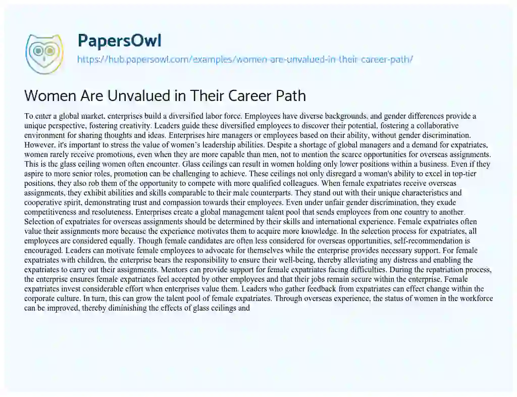 Essay on Women Are Unvalued in Their Career Path