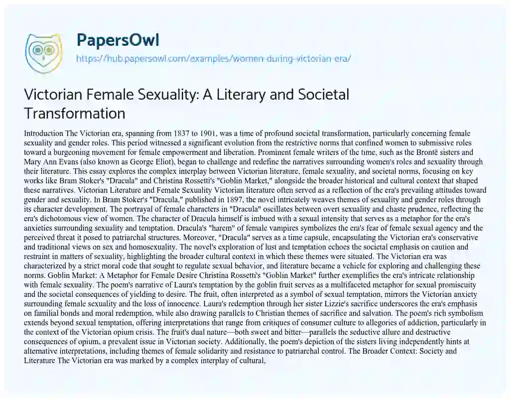 Essay on Victorian Female Sexuality: A Literary and Societal Transformation