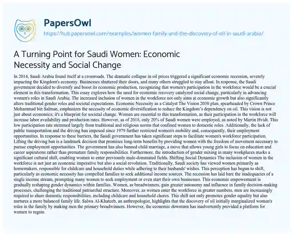 Essay on A Turning Point for Saudi Women: Economic Necessity and Social Change