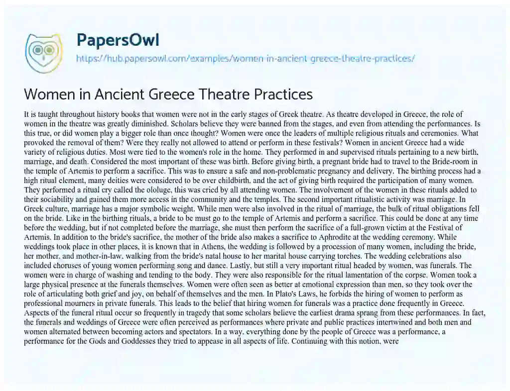 Essay on Women in Ancient Greece Theatre Practices