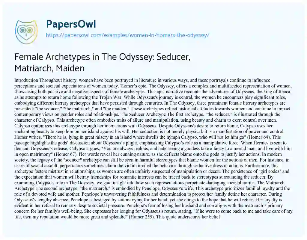 Essay on Female Archetypes in The Odyssey: Seducer, Matriarch, Maiden