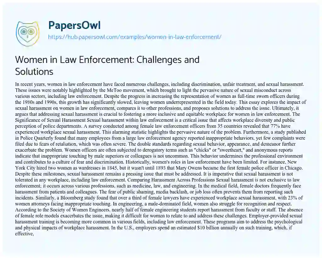 Essay on Women in Law Enforcement: Challenges and Solutions