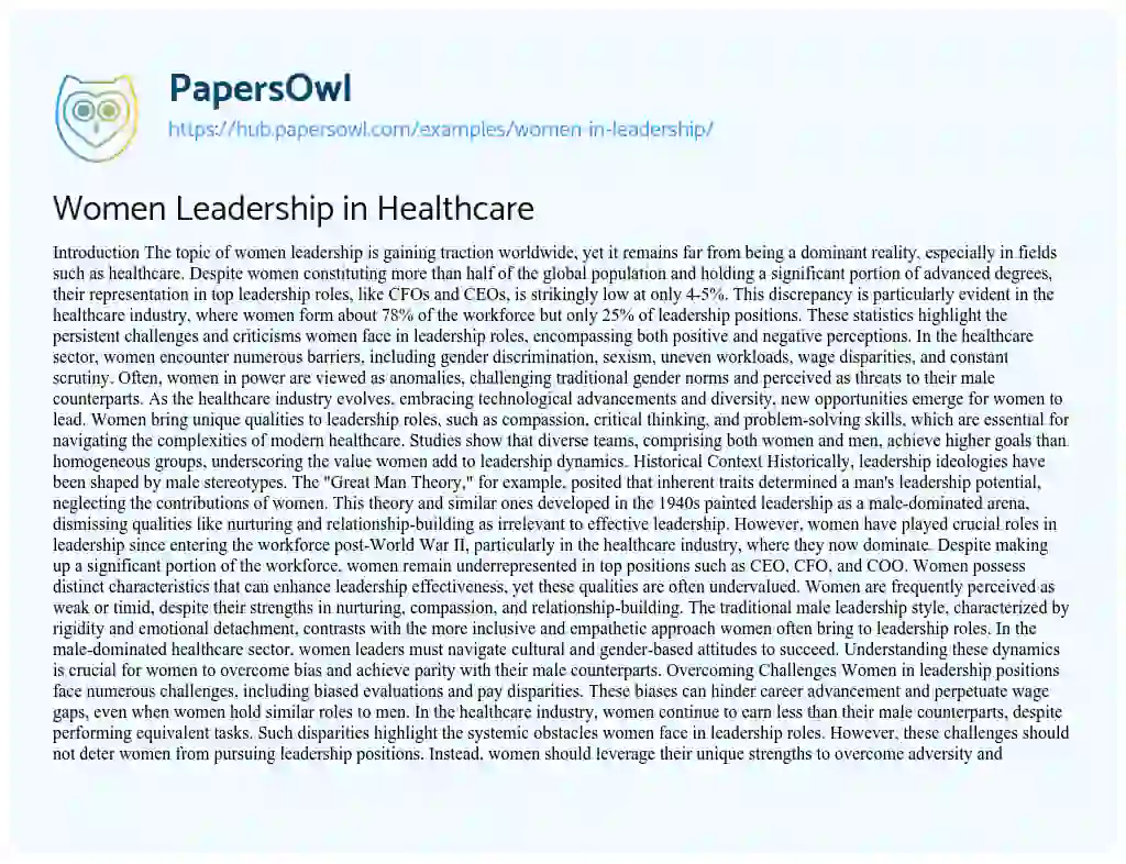 Essay on Women Leadership in Healthcare