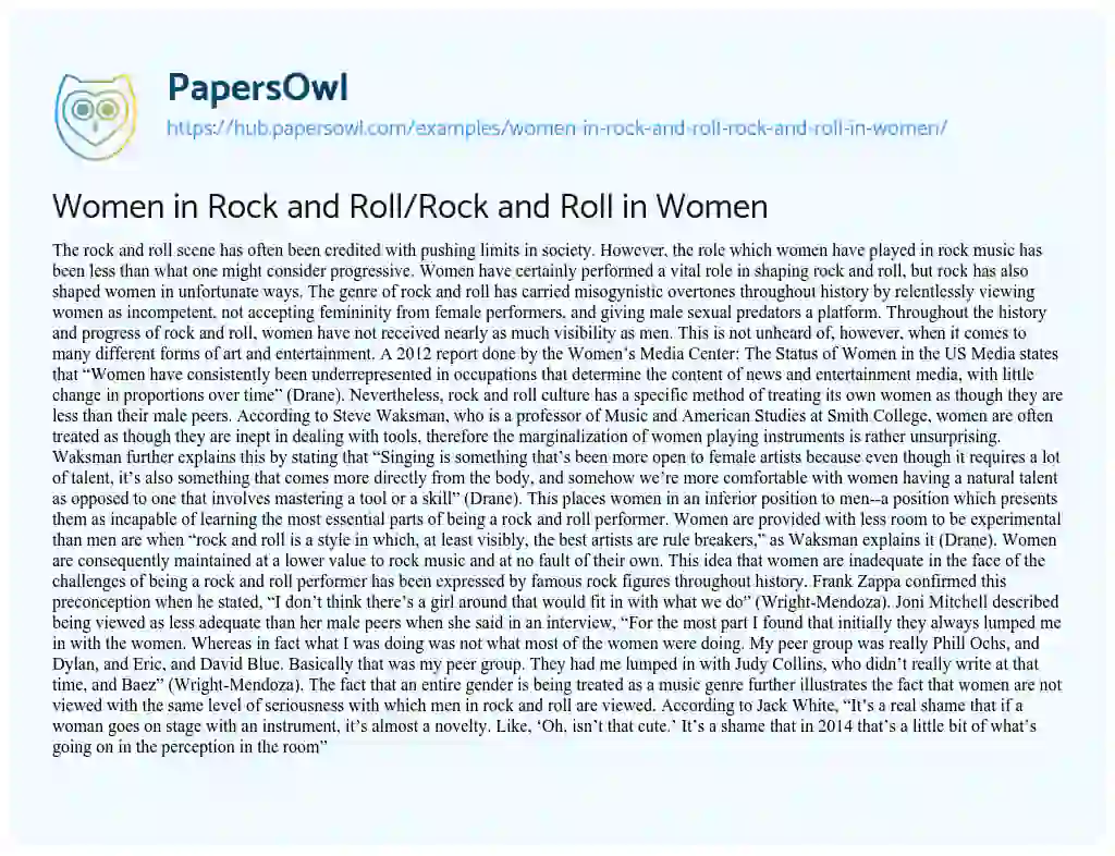 Essay on Women in Rock and Roll/Rock and Roll in Women