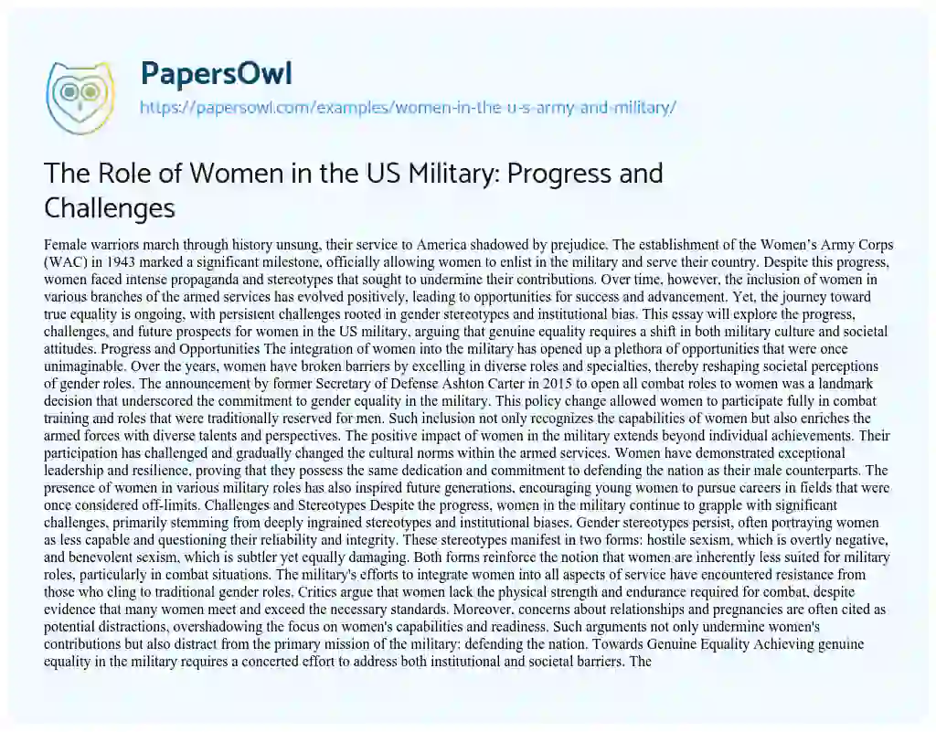 Essay on The Role of Women in the US Military: Progress and Challenges