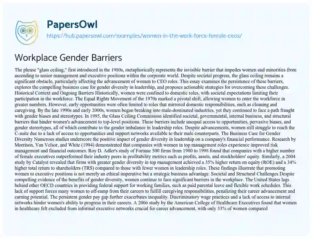 Essay on Workplace Gender Barriers