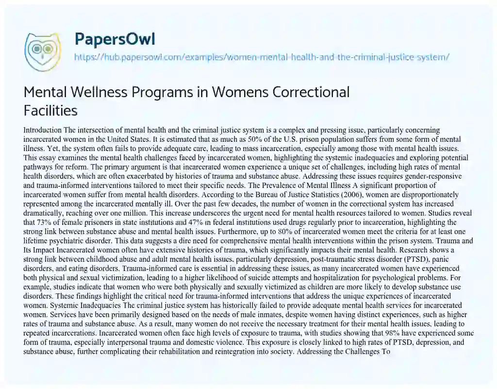 Essay on Mental Wellness Programs in Womens Correctional Facilities