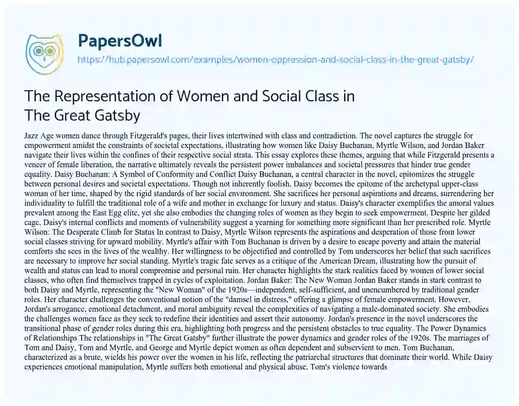 Essay on The Representation of Women and Social Class in The Great Gatsby