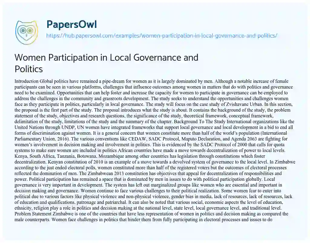 Essay on Women Participation in Local Governance and Politics
