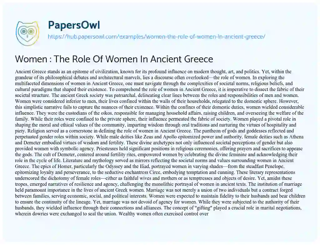 Essay on Women : The Role Of Women In Ancient Greece