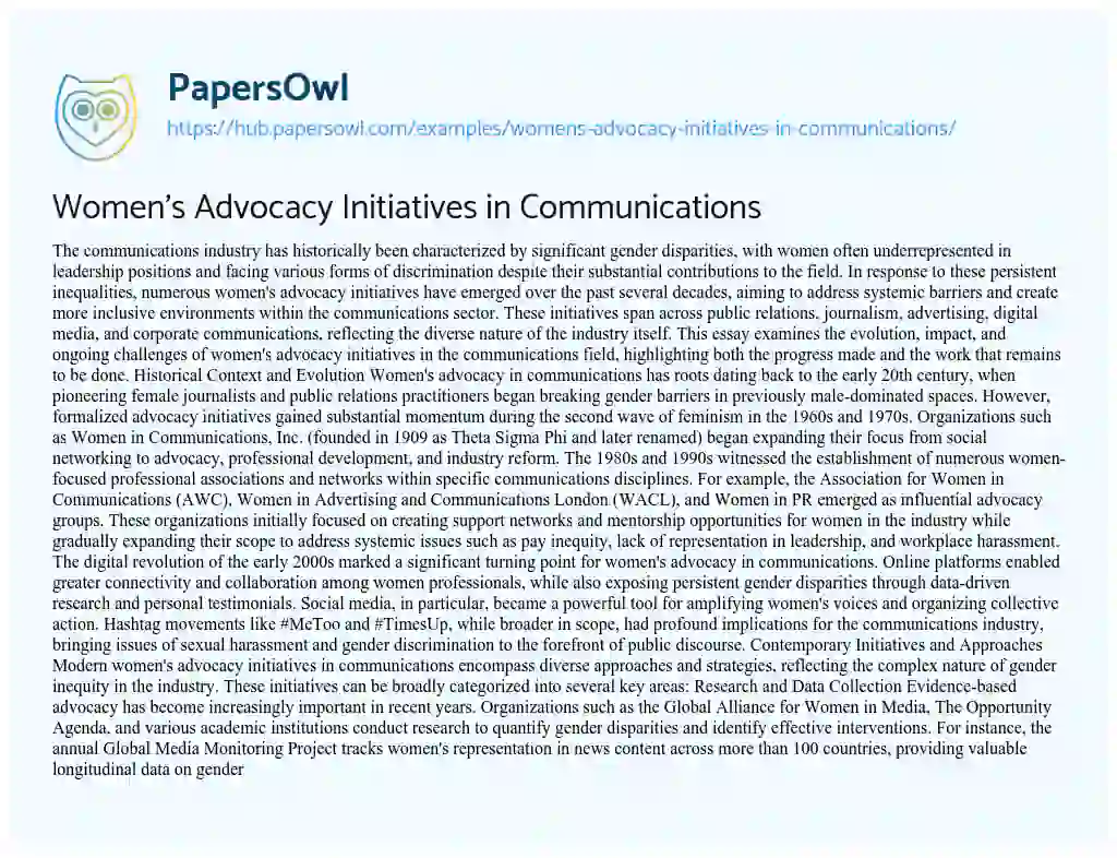 Essay on Women’s Advocacy Initiatives in Communications