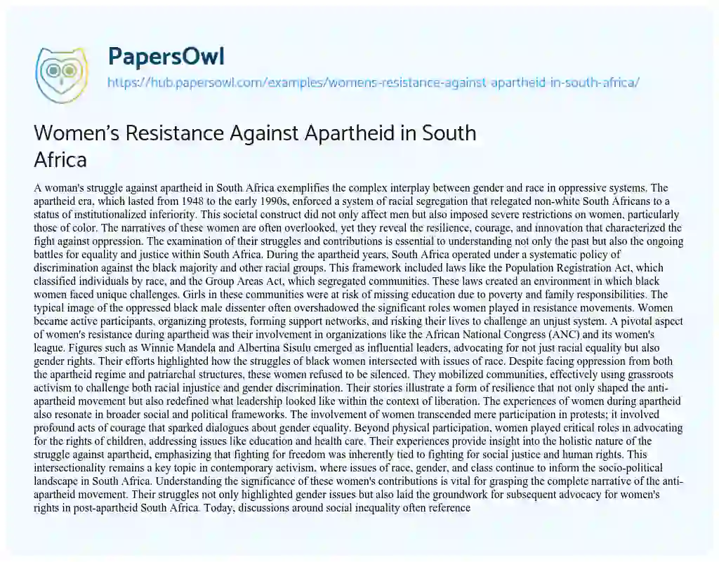 Essay on Women’s Resistance Against Apartheid in South Africa