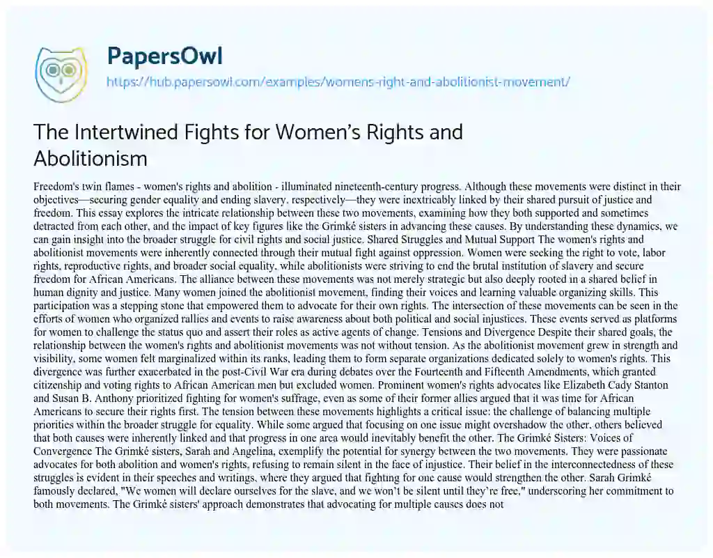 Essay on The Intertwined Fights for Women’s Rights and Abolitionism