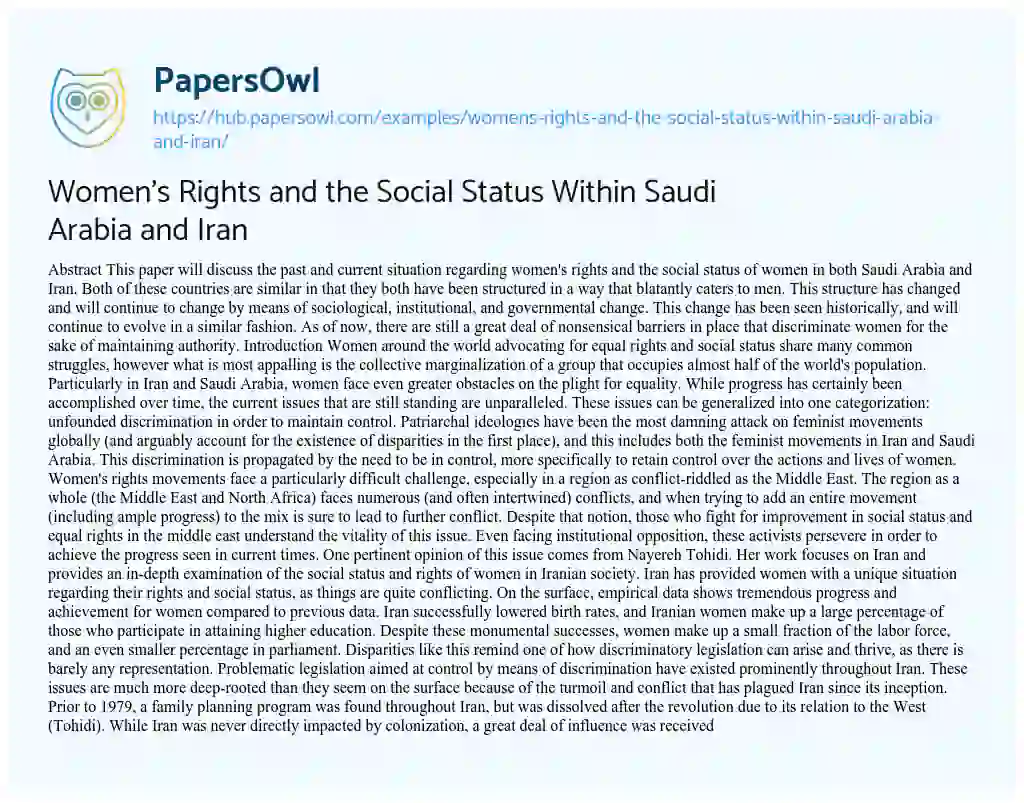 Essay on Women’s Rights and the Social Status Within Saudi Arabia and Iran