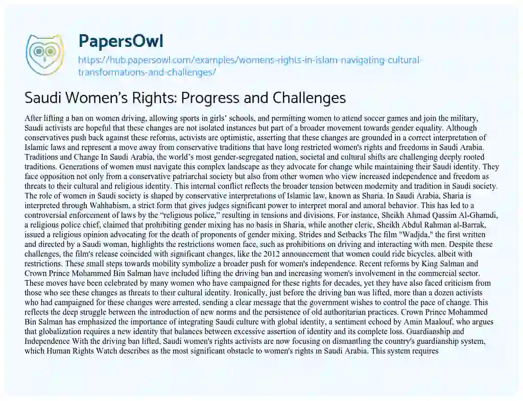 Essay on Saudi Women’s Rights: Progress and Challenges