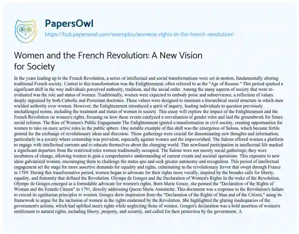 Essay on Women and the French Revolution: A New Vision for Society