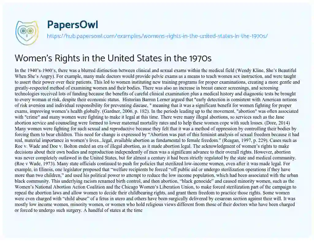 Essay on Women’s Rights in the United States in the 1970s