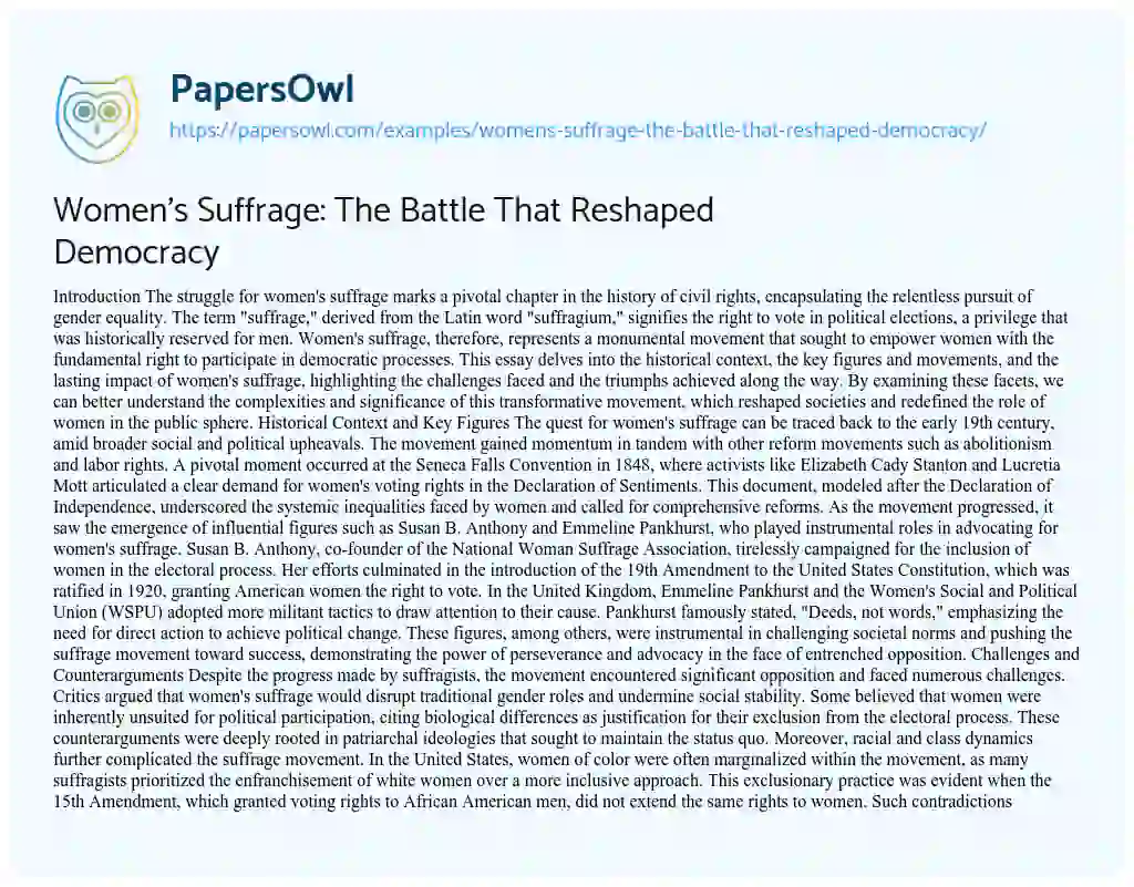Essay on Women’s Suffrage: The Battle That Reshaped Democracy