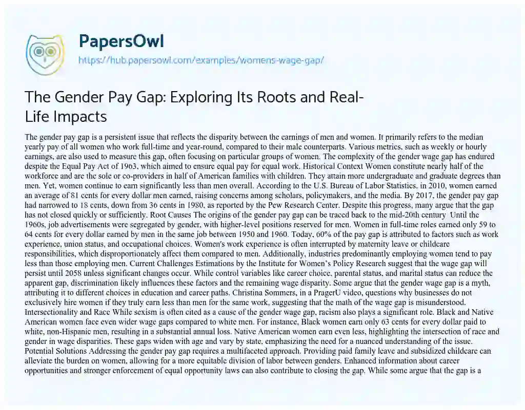 Essay on The Gender Pay Gap: Exploring Its Roots and Real-Life Impacts