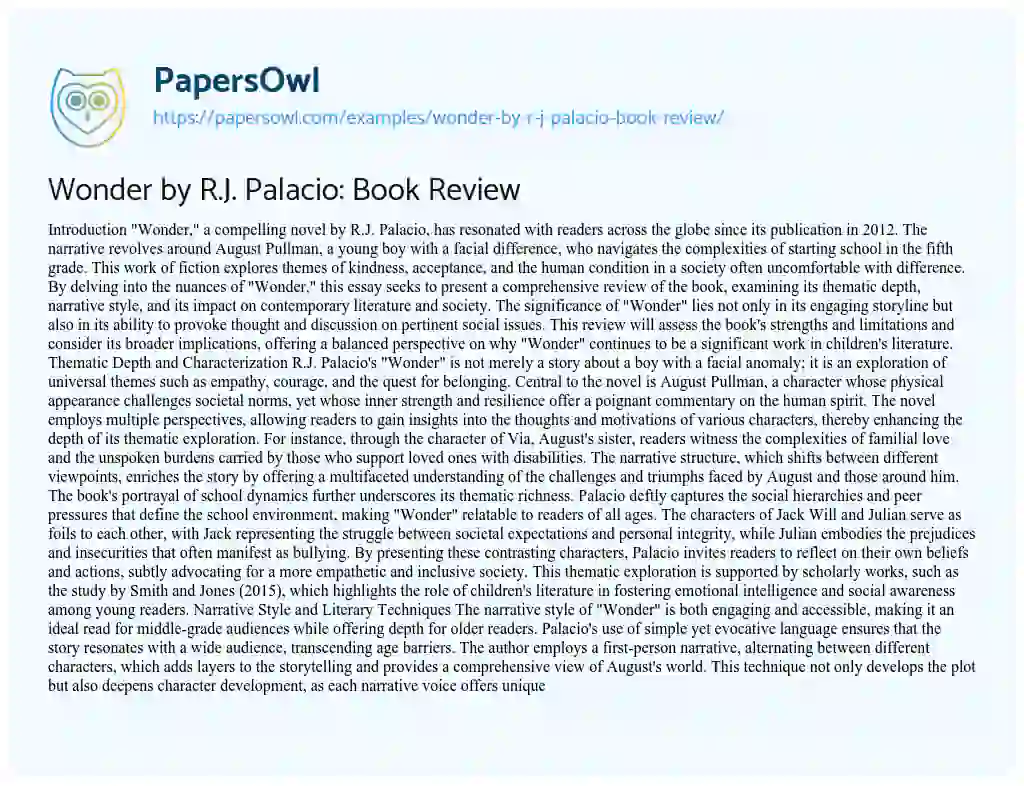 Essay on Wonder by R.J. Palacio: Book Review