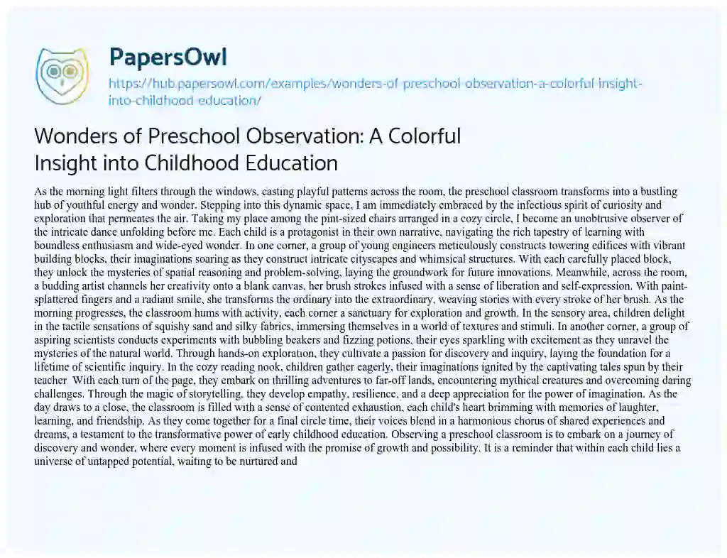 Essay on Wonders of Preschool Observation: A Colorful Insight into Childhood Education